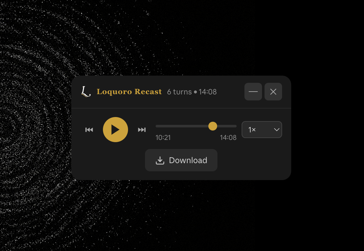 Loquoro Recast player generating podcast audio with playback controls
