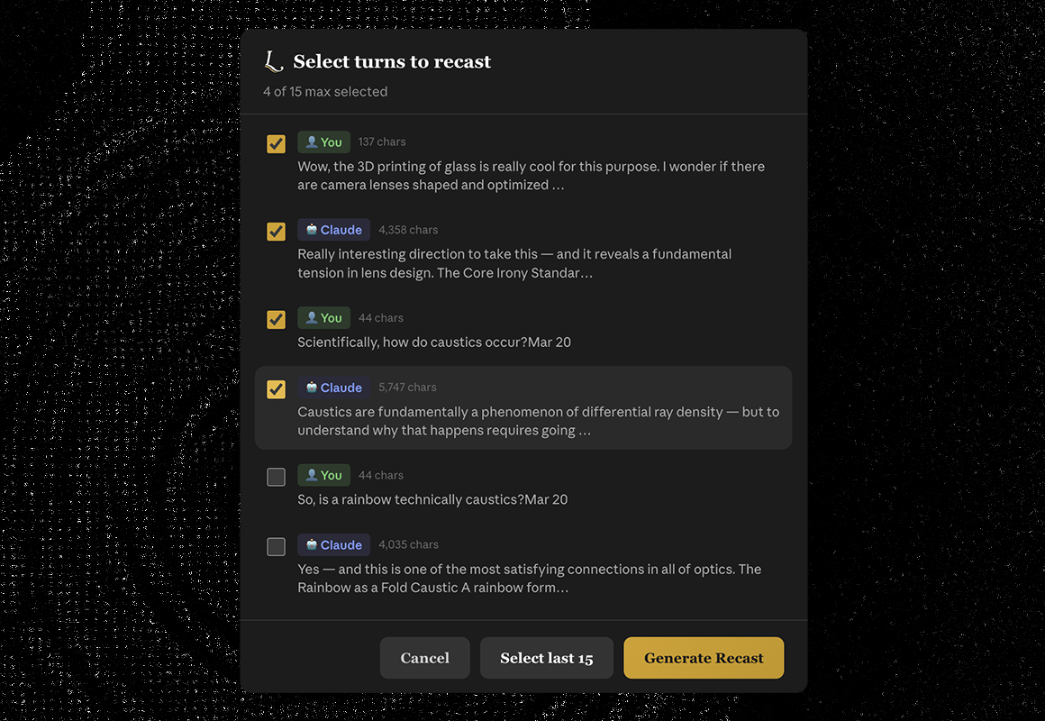 Select turns to recast — choose which conversation turns to include in your podcast